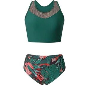 NWT - 2 Piece Halter Swimsuit - Green/ Tropical Print, Size: Medium